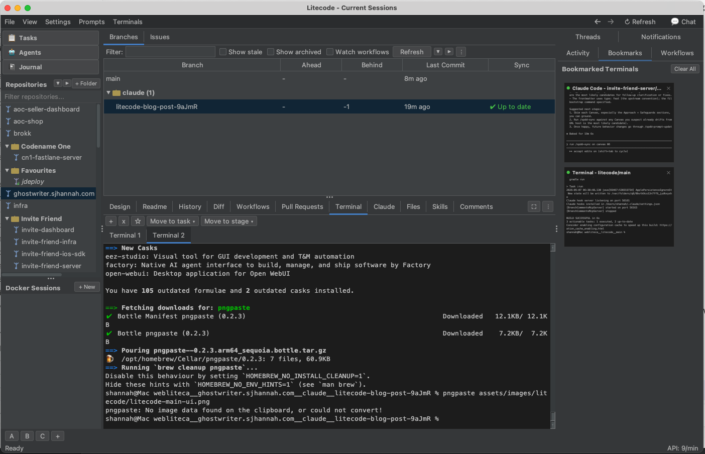 Screenshot of the Litecode main window. On the left, a navigator listing repositories — aoc-seller-dashboard, aoc-shop, brokk, Codename One, ghostwriter.sjhannah.com (selected), Invite Friend, and others — with branches expanded beneath the selected repo. In the centre, a Branches table showing main and the active claude/litecode-blog-post-9aJmR branch. Below it, a terminal pane running jekyll serve with LiveReload connected. On the right, a Bookmarks panel showing two live terminal previews: a Claude Code session and a gradle run on litecode/main.