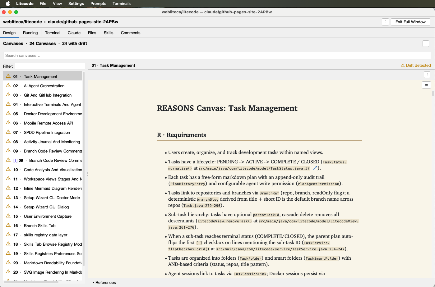 Screenshot of Litecode's branch detail view with the Design tab selected as the first tab in the row (Design, Readme, History, Diff, Workflows, Pull Requests, Terminal, Claude, Files, Skills, Comments). The left rail lists numbered REASONS canvases (Task Management, AI Agent Orchestration, Git And GitHub Integration, Interactive Terminals And Agents, and many more), each marked with a drift-warning icon, with a header reading "24 Canvases · 24 with drift". The selected canvas, Task Management, is rendered in the main pane as a "REASONS Canvas" document with a Requirements section showing bullets that reference concrete code locations such as TaskStatus.normalize() at src/main/java/com/litecode/model/TaskStatus.java:57. A "Drift detected" indicator is visible in the upper right.